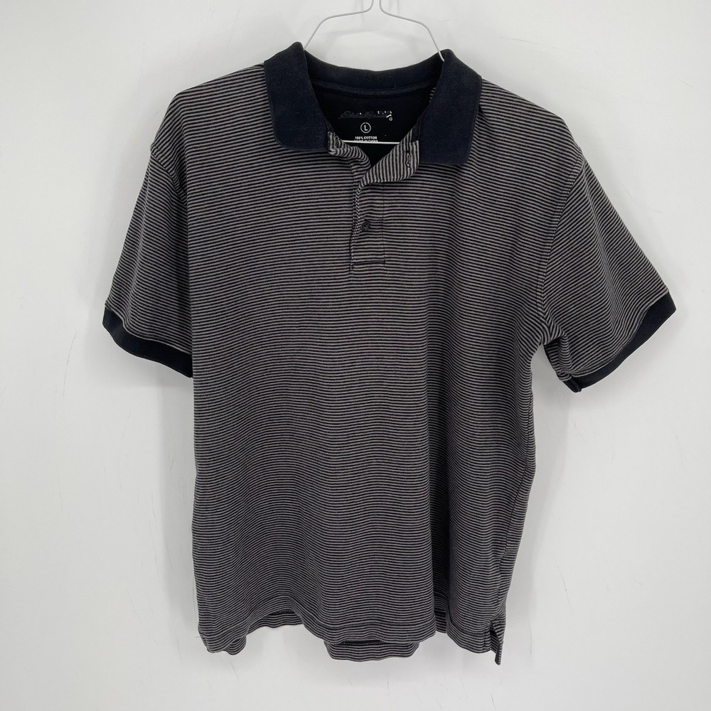 Eddie Bauer Men's Black Striped Collared Short Sleeve Golf Polo Shirt Top Size L